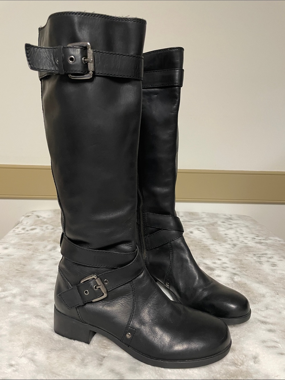 Franco Sarto Black Leather Knee-High Buckle Boots
